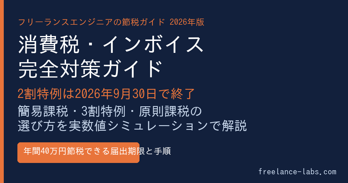 フリーランスエンジニアの消費税・インボイス対策完全ガイド アイキャッチ(2割特例2026年9月終了・簡易課税移行手順)