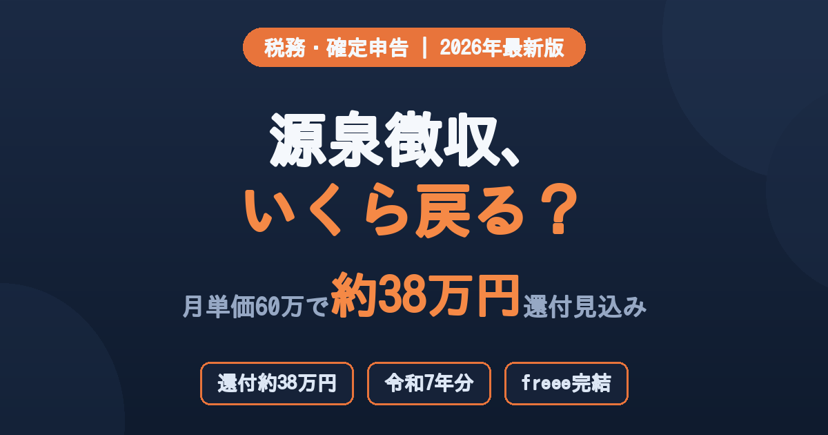 フリーランスエンジニアの源泉徴収確定申告還付2026年版アイキャッチ。月単価60万円で約38万円還付見込みを示す。