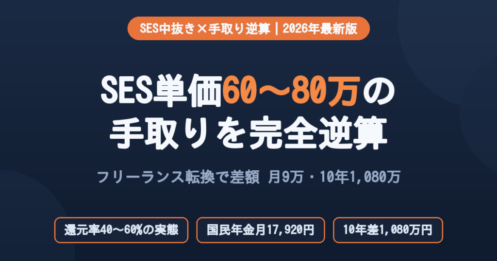 SES単価60〜80万の手取りを完全逆算するインフォグラフィック。フリーランス転換で差額月9万・10年1,080万円を示す2026年最新版アイキャッチ